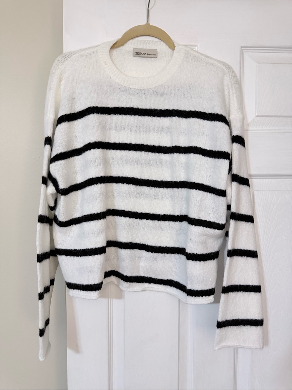Zenana Outfitters White Crewneck Sweater with Black Stripes